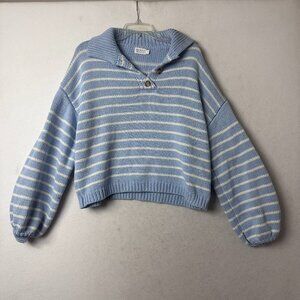 Shop The Mint sweater sz S blue white stripes balloon sleeve cropped 1/4 button‎